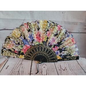 Beautiful Floral Gold Accents Black Lace Womens Fan Vintage Collectible